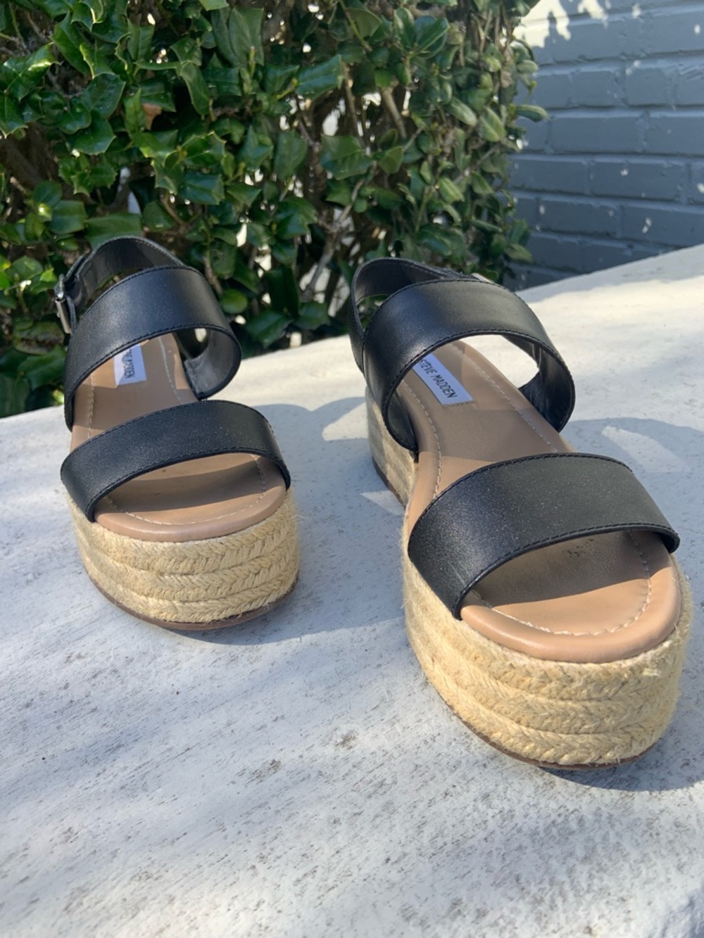 Steve Madden Black Leather Platform Espadrille Sandals